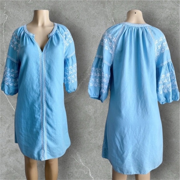 Gap Linen Dress Floral Embroidered Puff Sleeves Teal Blue Western Easter Boho S - Picture 1 of 12
